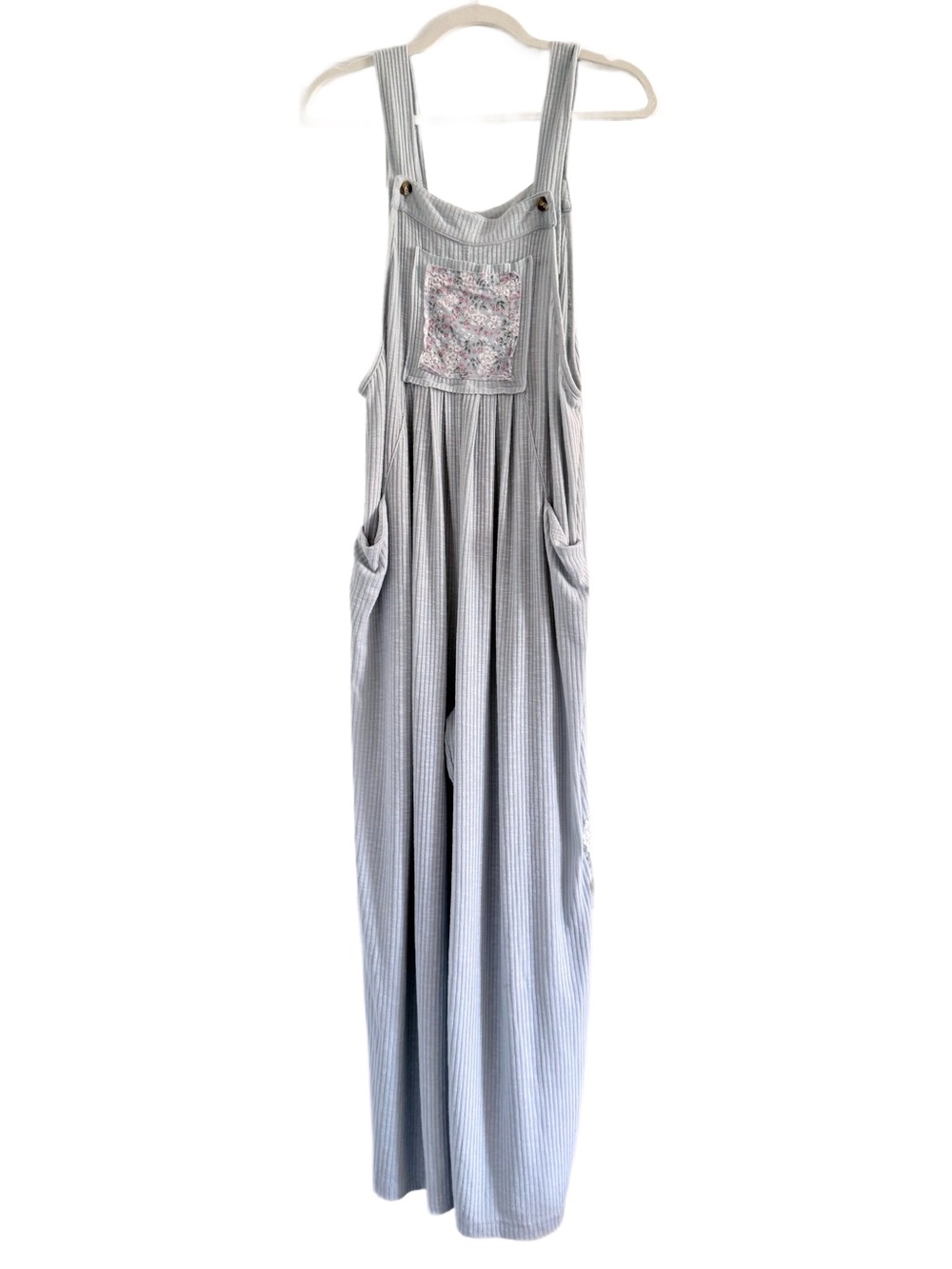 POL Light Blue Striped Knit Cotton Overall Dress with Floral Bib Pocket